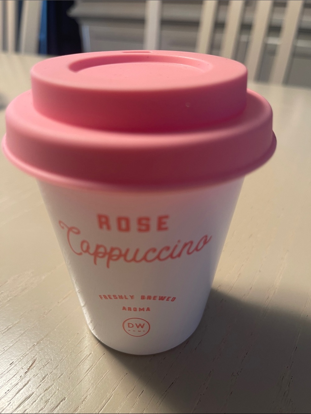 DW Home candle White Travel Mug with Pink coffee style Lid Rose Cappuccino